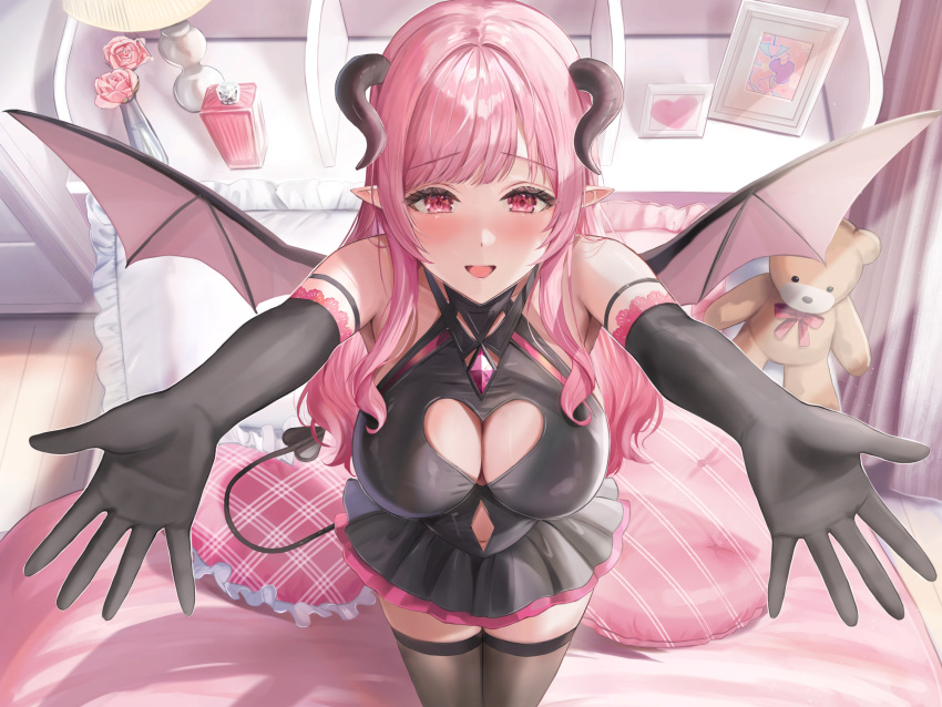 1girl :d bed bedroom black_gloves black_horns black_skirt black_thighhighs bottle breasts cleavage cleavage_cutout clothing_cutout demon_horns demon_tail demon_wings elbow_gloves flower gloves heart heart-shaped_pillow highres horns indoors lamp large_breasts leg_grab looking_at_viewer open_mouth original outstretched_arms perfume_bottle picture_frame pillow pink_eyes pink_flower pink_hair pointy_ears sakamuke sidelocks skirt smile solo stuffed_animal stuffed_toy tail teddy_bear thighhighs vase wings zettai_ryouiki