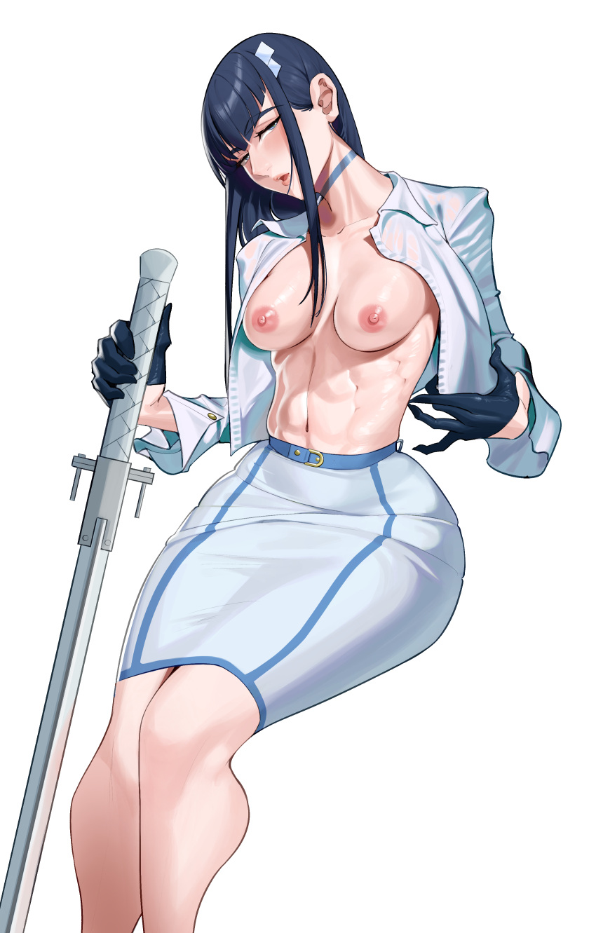 1girl abs absurdres black_gloves black_hair blue_eyes breasts cloudy_rain4 gloves highres holding holding_sword holding_weapon jacket kill_la_kill kiryuuin_satsuki medium_breasts nipples open_clothes skirt solo sword weapon white_background white_jacket white_skirt