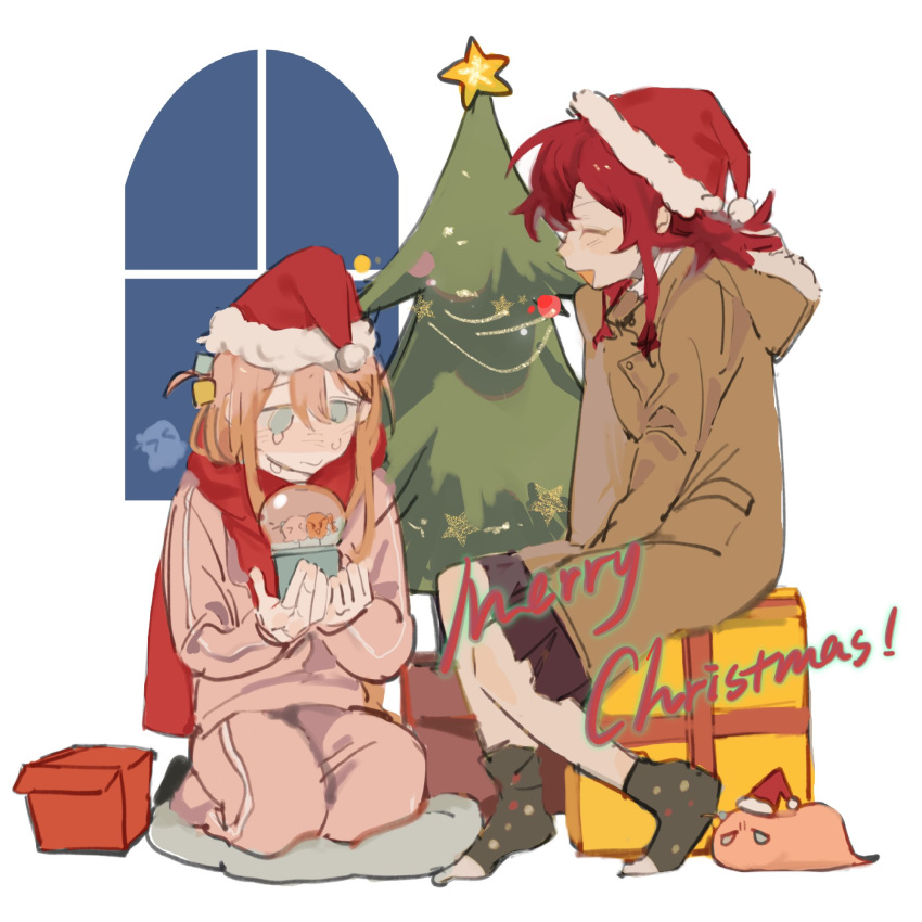 2girls black_skirt blue_eyes blush bocchi_the_rock! box brown_coat chinese_commentary christmas christmas_tree closed_eyes coat commentary_request crying cube_hair_ornament fur-trimmed_headwear fur_trim gift gift_box gotoh_hitori gotoh_hitori_(octopus) gotoh_hitori_(tsuchinoko) hair_ornament hat highres indoors jacket kita_ikuyo lingyi long_sleeves merry_christmas multiple_girls open_mouth pants pink_jacket pink_pants pleated_skirt red_hair red_hat santa_hat seiza sitting skirt smile star_(symbol) tears track_jacket window