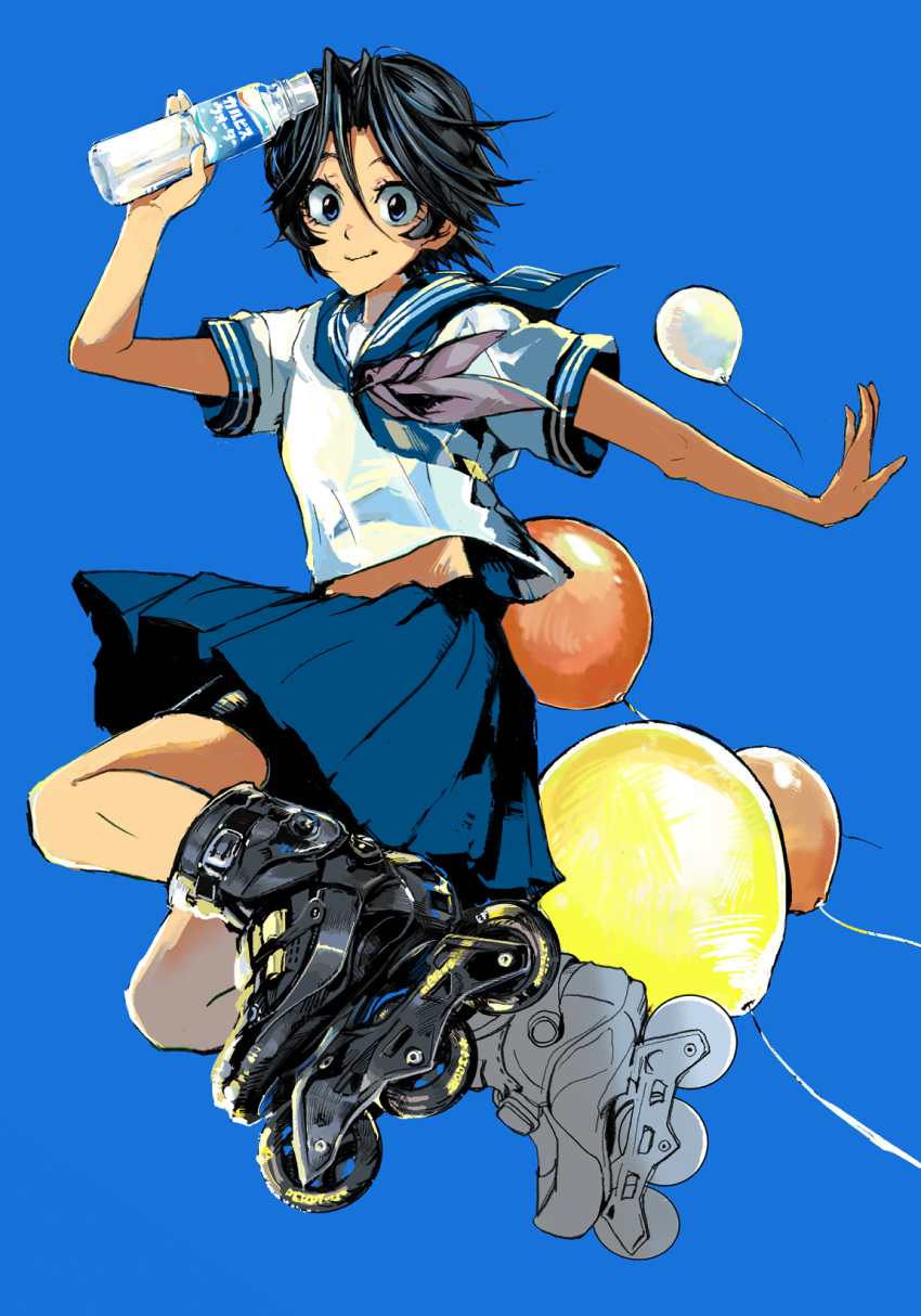 1girl arm_up bike_shorts black_footwear black_hair blue_background blue_eyes blue_neckerchief blue_sailor_collar blue_skirt bottle calpis closed_mouth eyeshield_21 full_body hair_between_eyes highres holding holding_bottle inline_skates looking_at_viewer midair midriff_peek neckerchief pleated_skirt roller_skates sailor_collar school_uniform serafuku short_hair short_sleeves simple_background skates skirt smile solo speech_bubble taki_suzuna ueda-pix