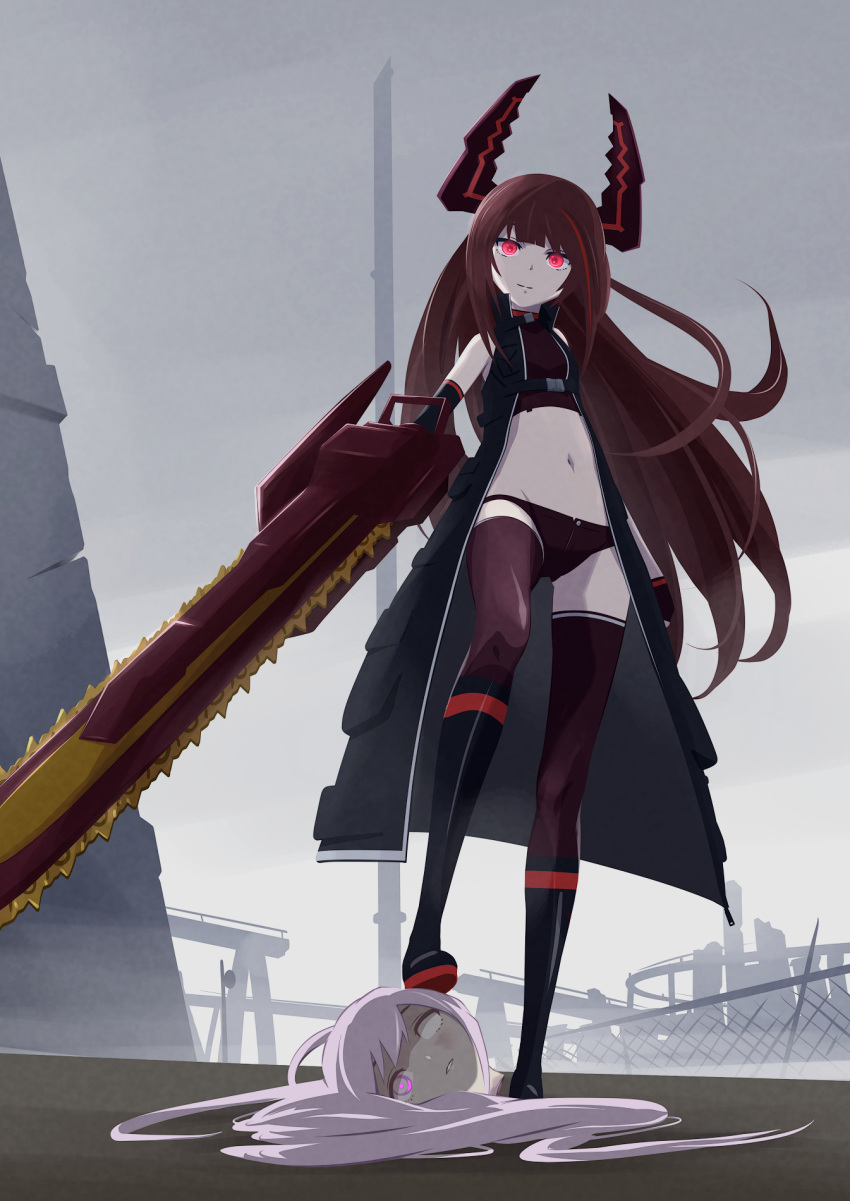 2girls 32zzz black_gloves black_gold_saw black_jacket black_panties black_rock_shooter black_rock_shooter:_dawn_fall black_thighhighs bob_cut brown_hair chainsaw decapitation elbow_gloves fingerless_gloves gloves highres huge_horns huge_weapon jacket long_hair lunatic_(brs) multicolored_hair multiple_girls navel panties red_eyes red_hair sidelocks streaked_hair thighhighs underwear weapon