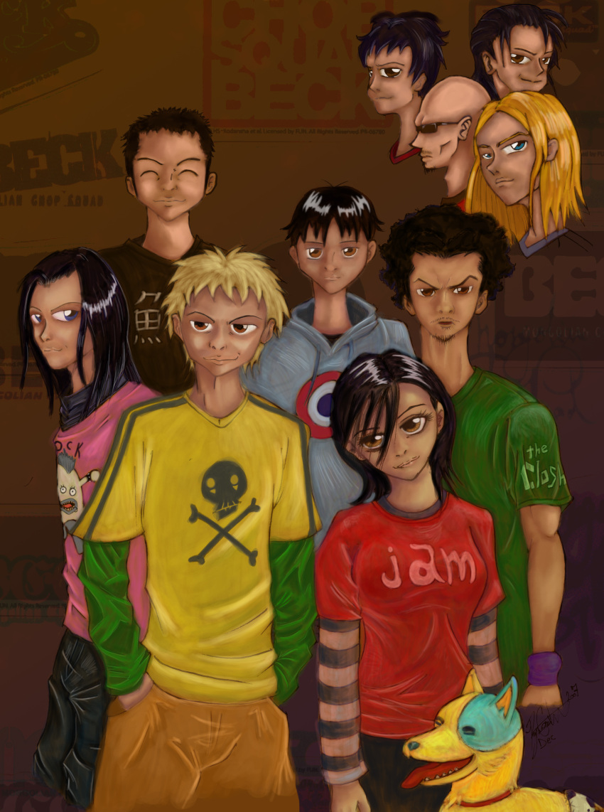 1girl 6+boys absurdres alternate_art_style beck beck_(beck) brown_background chiba_tsunemi colorized dog eddie_lee everyone highres matt_reed minami_maho minami_ryuusuke multiple_boys photoshop_(medium) ryanmcmurry sakurai_yuji skull_and_crossbones taira_yoshiyuki tanaka_yukio third-party_edit toshimustgrind