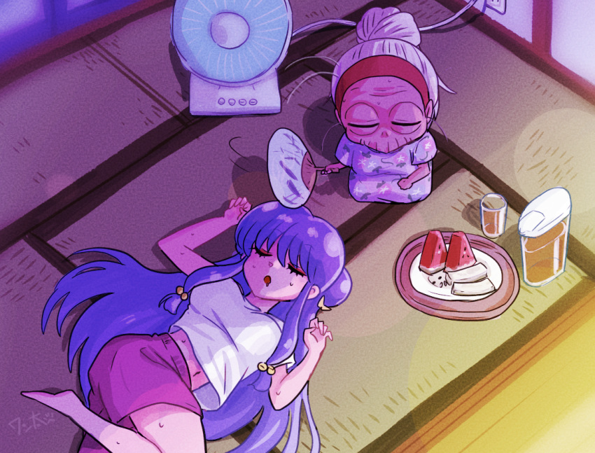 2girls boxers breasts closed_eyes cologne_(ranma_1/2) double_bun drooling electric_fan fanning floral_print food fruit glass hair_bun hair_ornament hairband hand_fan hot long_hair male_underwear medium_breasts multiple_girls nightgown on_floor plate purple_hair purple_nightgown ranma_1/2 red_hairband shampoo_(ranma_1/2) shirt sidelocks signature single_hair_bun sleeping sleepy sweat sweatdrop tatami tea underwear wanta_(futoshi) watermelon watermelon_slice white_hair white_shirt wrinkled_skin