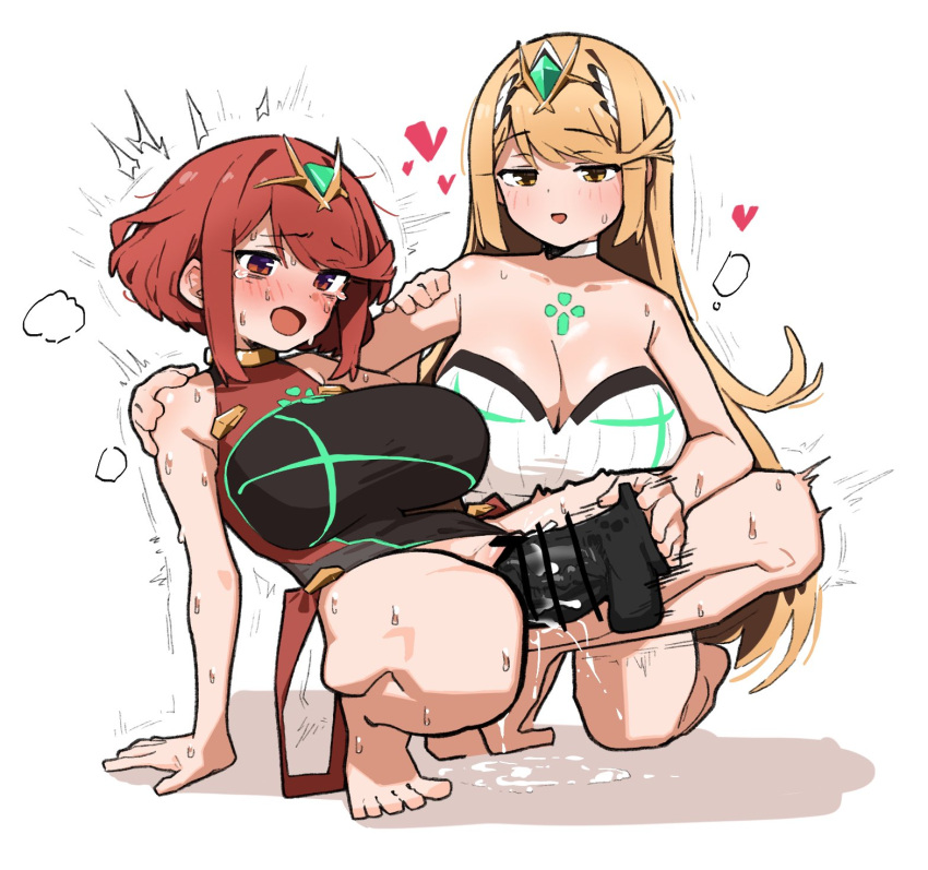 2girls arm_around_shoulder arm_support bar_censor bare_shoulders blonde_hair blush breasts censored chest_jewel cleavage clothing_aside core_crystal_(xenoblade) dildo dress fried_bocky gem half-closed_eyes hand_on_another's_arm hand_on_another's_shoulder headpiece heart highres holding holding_sex_toy huge_dildo kneeling large_breasts leaning_back leotard leotard_aside long_hair looking_at_another moaning motion_lines multiple_girls mythra_(xenoblade) object_insertion open_mouth pussy pussy_juice pussy_juice_puddle pyra_(xenoblade) red_eyes red_hair sex_toy shadow shiny_skin short_hair simple_background smile spread_legs squatting sweat swept_bangs tears tiara trembling vaginal vaginal_object_insertion white_background white_dress xenoblade_chronicles_(series) xenoblade_chronicles_2 yellow_eyes