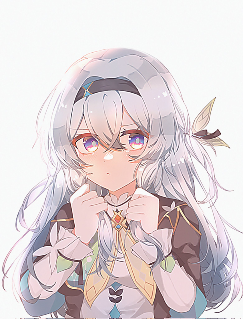 1girl alik2092710 black_hairband black_jacket blue_eyes blush closed_mouth cropped_jacket double-parted_bangs firefly_(honkai:_star_rail) hair_between_eyes hair_ornament hair_ribbon hairband highres holding holding_hair honkai:_star_rail honkai_(series) jacket long_hair long_sleeves looking_to_the_side neckerchief ribbon shirt simple_background solo two-tone_eyes upper_body white_background white_shirt yellow_eyes yellow_neckerchief