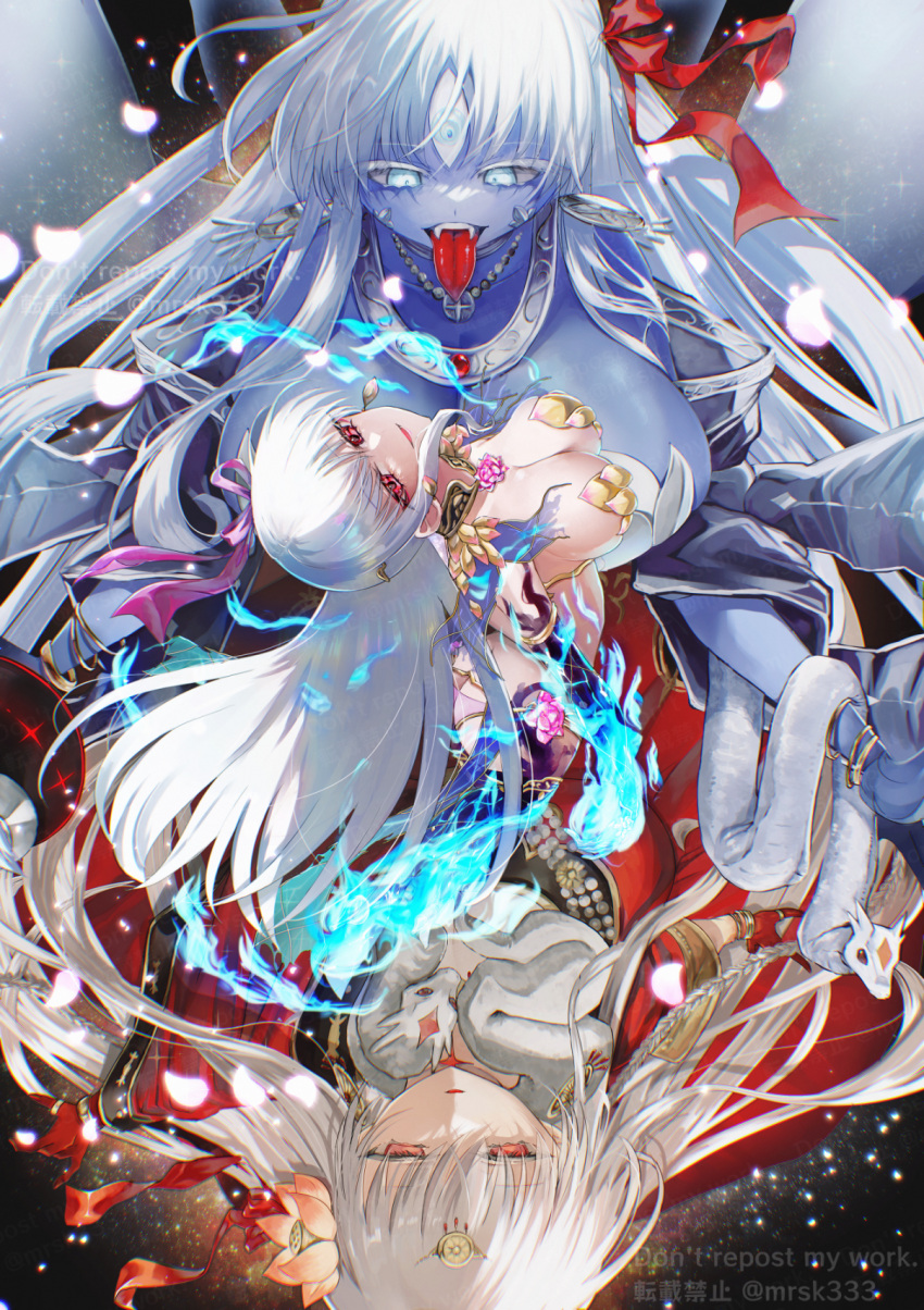 3girls armlet armor asymmetrical_sleeves bare_shoulders bikini_armor blue_eyes blue_fire blue_hair blue_skin blush body_markings bracelet breasts circlet cleavage collar colored_inner_hair colored_skin dress durga_(fate) earrings extra_arms fangs fate/grand_order fate_(series) fire flower gold_trim gradient_skin grey_hair hair_flower hair_ornament hair_ribbon highres indian_clothes jewelry kali_(fate) kama_(fate) kama_(third_ascension)_(fate) large_breasts long_hair looking_at_viewer lotus metal_collar multicolored_hair multiple_girls murasaki_yuna neck_ring necklace open_mouth parted_lips petals red_dress red_eyes red_skin ribbon sari sash smile snake thighlet third_eye thumb_ring tongue tongue_out two-tone_hair very_long_hair white_hair