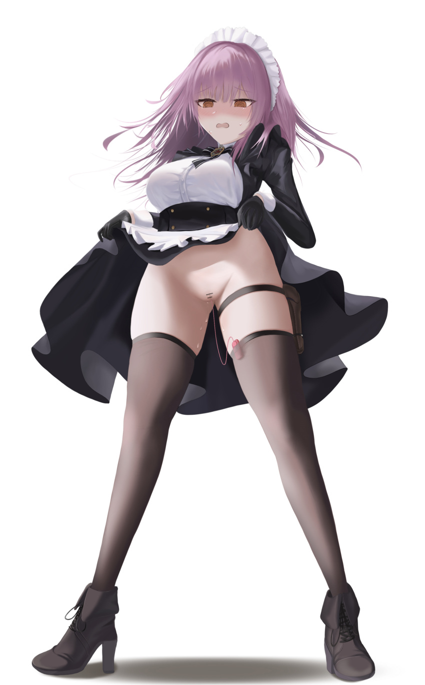 1girl @_@ absurdres azur_lane bar_censor black_gloves black_thighhighs blush breasts brown_footwear censored cheems clothes_lift devonshire_(azur_lane) dress dress_lift full_body gloves hands_up high_heels highres holster maid maid_headdress medium_breasts medium_hair open_mouth purple_hair pussy_juice sex_toy simple_background skindentation solo standing thigh_holster thighhighs vibrator vibrator_in_thighhighs wavy_mouth white_background yellow_eyes