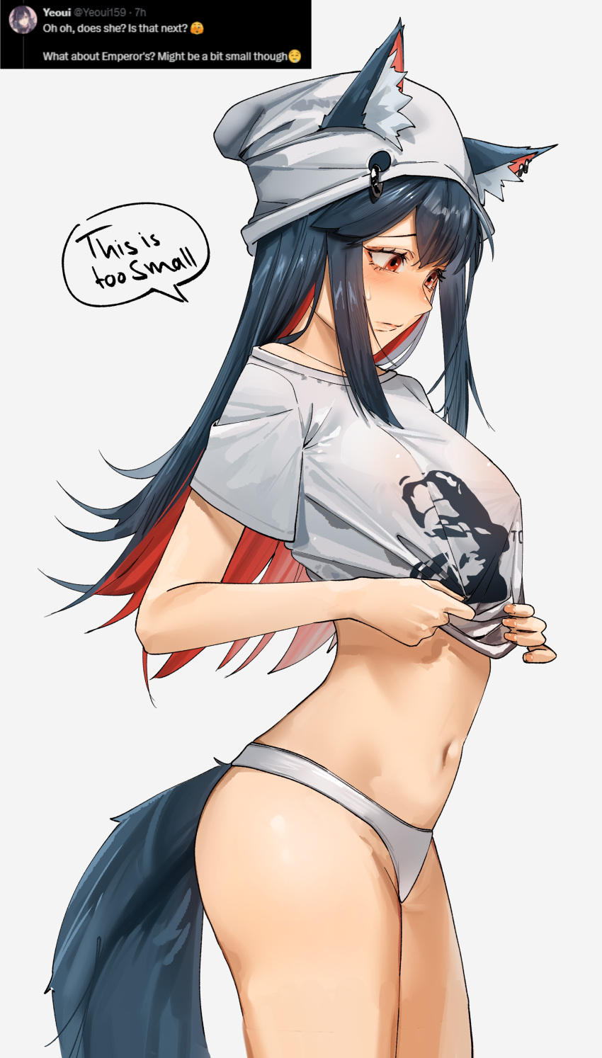 absurdres animal_ear_fluff animal_ear_piercing animal_ears arknights beanie black_hair blush borrowed_clothes breasts colored_inner_hair commentary covered_nipples crop_top ears_through_headwear english_text hat highres long_hair lufi_ays medium_breasts midriff multicolored_hair navel panties print_shirt red_eyes red_hair screenshot_inset shirt speech_bubble sweatdrop t-shirt tail texas_(arknights) the_emperor_(arknights) two-tone_hair undersized_clothes underwear white_background white_panties white_shirt wolf_ears wolf_girl wolf_tail