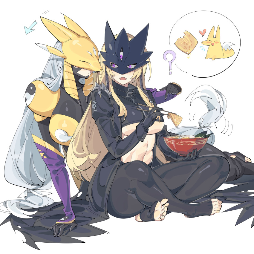 2girls ? animal_ears armor beelstarmon black_bodysuit black_coat black_pants blonde_hair bodysuit bowl breastplate breasts coat crop_top digimon digimon_(creature) eye_mask fake_animal_ears fangs food fox_ears fox_mask gold_armor high_collar highres large_breasts linea_alba long_hair looking_at_another looking_back mask multiple_girls navel noodles pants ramen sakuyamon shoulder_armor sidelocks speech_bubble third_eye toeless_bodysuit toeless_footwear underboob very_long_hair white_hair zocehuy