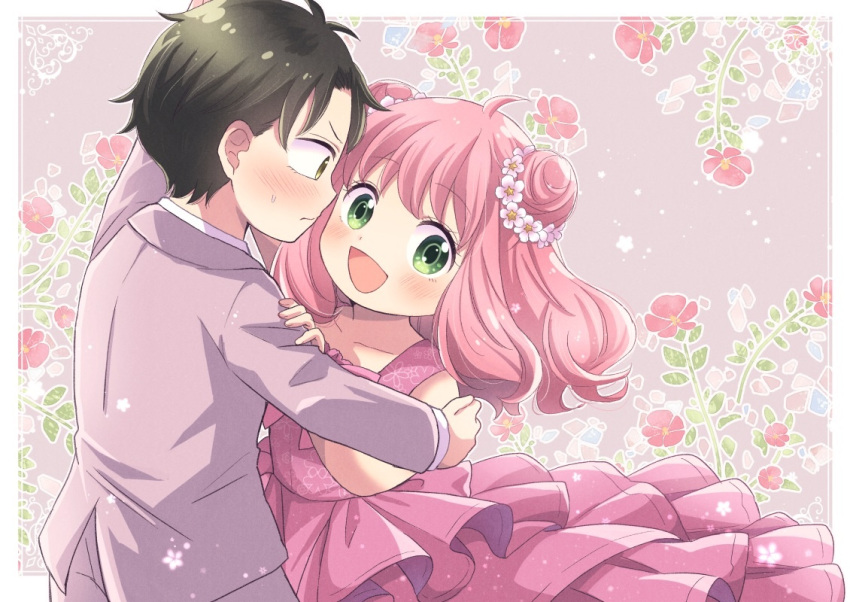 1boy 1girl anya_(spy_x_family) black_hair damian_desmond dancing double_bun dress flower green_eyes grey_jacket grey_pants grey_suit hair_bun hair_flower hair_ornament jacket long_hair long_sleeves looking_at_viewer maekawa_suu open_mouth pants pink_dress pink_hair short_hair spy_x_family suit wedding_dress yellow_eyes