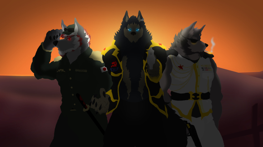 absurd_res anekito_matsumoto canid canine canis group hellfire_wolf hi_res hogan_the_werewolf male male/male mammal mythological_canine mythological_creature mythology trio war were werecanid werecanine werewolf wolf