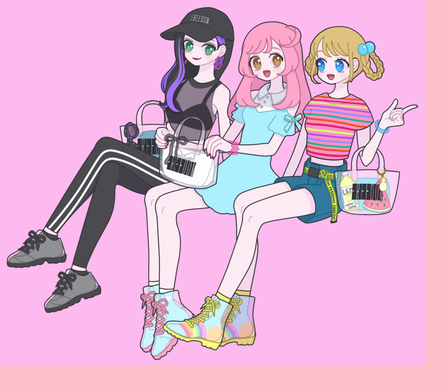 3girls :d alternate_costume ayase_naru bag baseball_cap black_footwear black_hair black_pants black_shirt black_sports_bra blonde_hair blue_dress blue_eyes blue_footwear blue_shorts bracelet brown_eyes collared_dress dress fukuhara_ann full_body green_eyes hair_bobbles hair_down hair_ornament hand_up hat highres holding holding_bag invisible_chair jewelry long_hair looking_at_viewer multicolored_hair multiple_girls nyaasechan open_mouth pants pink_background pink_hair pink_shirt pretty_rhythm pretty_rhythm_rainbow_live pretty_series purple_hair see-through see-through_shirt shirt shoes short_hair short_shorts shorts simple_background sitting smile sneakers sports_bra sportswear striped_clothes striped_shirt suzuno_ito two-tone_hair