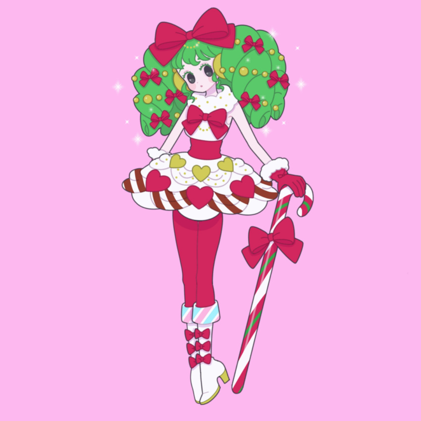 1girl boots bow candy candy_cane colored_eyelashes commentary_request dress falulu food full_body green_hair grey_eyes hair_bow headphones heart heart_print high_heel_boots high_heels highres holding holding_candy holding_candy_cane holding_food idol_clothes long_hair looking_at_viewer nyaasechan pantyhose pink_background pretty_series pripara red_bow red_pantyhose sidelocks simple_background solo standing twintails white_dress