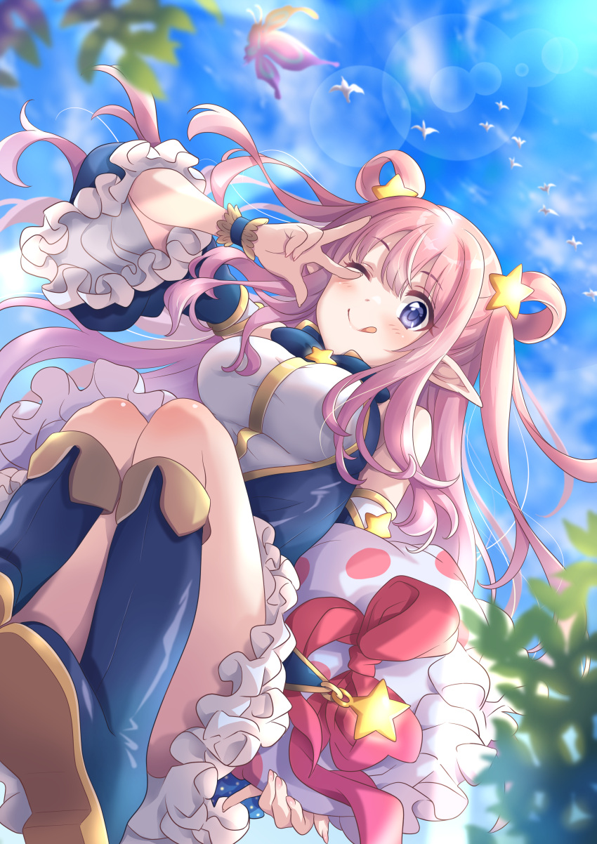 absurdres boots breasts detached_sleeves elf frilled_skirt frills hair_ornament hair_rings hatsune_(princess_connect!) highres pillow pink_hair pointy_ears princess_connect! skirt star_(symbol) star_hair_ornament tehepero tsukachii twintails v
