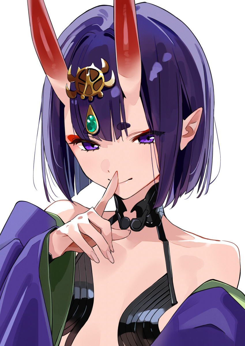 1girl absurdres bare_shoulders breasts collarbone eyeliner fate/grand_order fate_(series) headpiece highres horns index_finger_raised japanese_clothes kimono kinjin long_sleeves looking_at_viewer makeup off_shoulder oni pointy_ears purple_eyes purple_hair purple_kimono revealing_clothes short_hair shuten_douji_(fate) skin-covered_horns small_breasts solo wide_sleeves