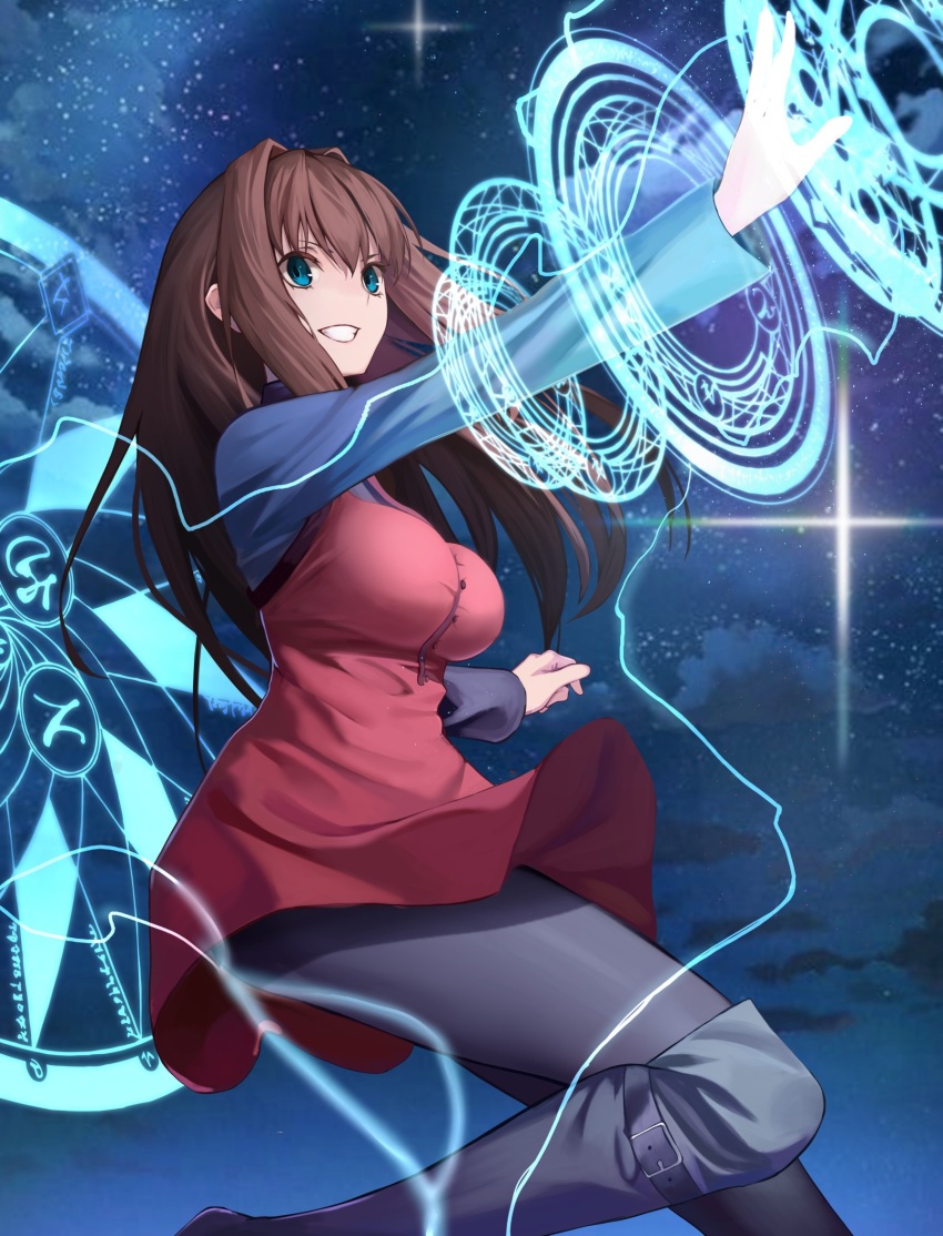 1girl aozaki_aoko black_footwear black_sweater blue_eyes boots breasts brown_hair dress genshu_doki grin highres knee_boots large_breasts layered_clothes long_hair long_sleeves magic_circle mahou_tsukai_no_yoru night night_sky outstretched_arm red_dress sky smile solo sweater turtleneck turtleneck_sweater very_long_hair