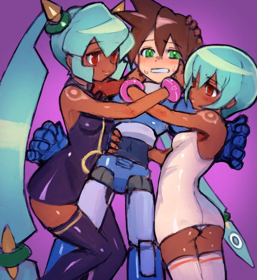 1boy 2girls aqua_hair ass bare_shoulders blush breasts brown_hair dakusuta dark-skinned_female dark_skin dress green_eyes highres hug long_hair looking_at_another mega_man_(series) mega_man_legends_(series) mega_man_legends_2 mega_man_volnutt multiple_girls red_eyes sera_(mega_man) short_dress short_hair sketch small_breasts smile sweat thighhighs twintails very_long_hair yuna_(mega_man)