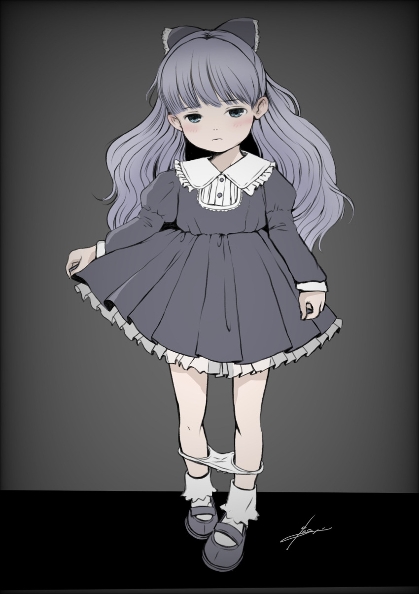 1girl blunt_bangs bobby_socks bow dress expressionless frilled_dress frills full_body grey_dress grey_eyes grey_hair hair_bow highres long_hair long_sleeves looking_at_viewer mary_janes original panties panty_pull shoes socks solo toshi_chihiro2 underwear white_panties