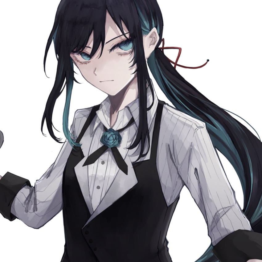 1girl ado_(utaite) aqua_eyes aqua_hair black_hair black_necktie black_vest blue_flower blue_rose buttons chando_(ado) closed_mouth cloud_nine_inc collared_vest commentary_request cross_tie dress_shirt eyelashes flower hair_ribbon highres lapels long_hair long_sleeves looking_at_viewer mole mole_under_eye multicolored_hair necktie notched_lapels orihara_(ewkkyorhr) ponytail red_ribbon ribbon rose shirt simple_background sleeve_cuffs slit_pupils solo striped_clothes striped_shirt two-tone_hair very_long_hair vest white_background