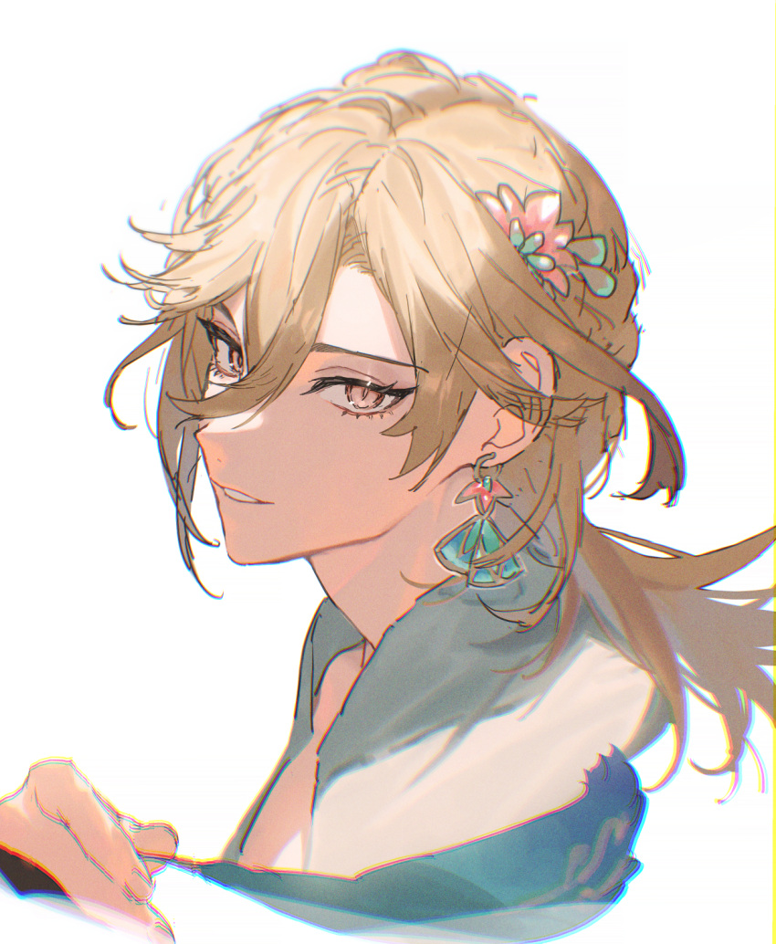 1boy artifact_(genshin_impact) blonde_hair earrings feathers flower genshin_impact hair_between_eyes hair_flower hair_ornament hand_up highres holding holding_feather jewelry kaveh_(genshin_impact) long_hair looking_at_viewer looking_to_the_side male_focus parted_bangs parted_lips red_eyes sachico66 shirt sidelocks simple_background smile solo upper_body white_background white_shirt