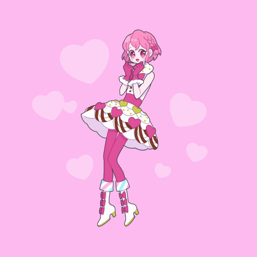 1boy :d boots commentary_request crossdressing dress full_body gloves hands_up heart heart_print high_heels highres knee_boots looking_at_viewer mole mole_under_eye nyaasechan open_mouth otoko_no_ko pantyhose pink_background pink_eyes pink_gloves pink_hair pink_pantyhose pink_theme pretty_series pripara reona_west short_hair simple_background smile solo standing white_dress white_footwear