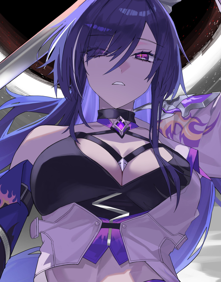 1girl absurdres acheron_(honkai:_star_rail) armor black_choker black_hole breasts choker cleavage coat criss-cross_halter detached_sleeves eyes_visible_through_hair hair_over_one_eye halterneck highres honkai:_star_rail honkai_(series) katana large_breasts long_hair looking_at_viewer midriff multicolored_hair parted_lips pigpotato purple_eyes purple_hair shoulder_armor single_bare_shoulder solo standing streaked_hair sword upper_body weapon white_coat