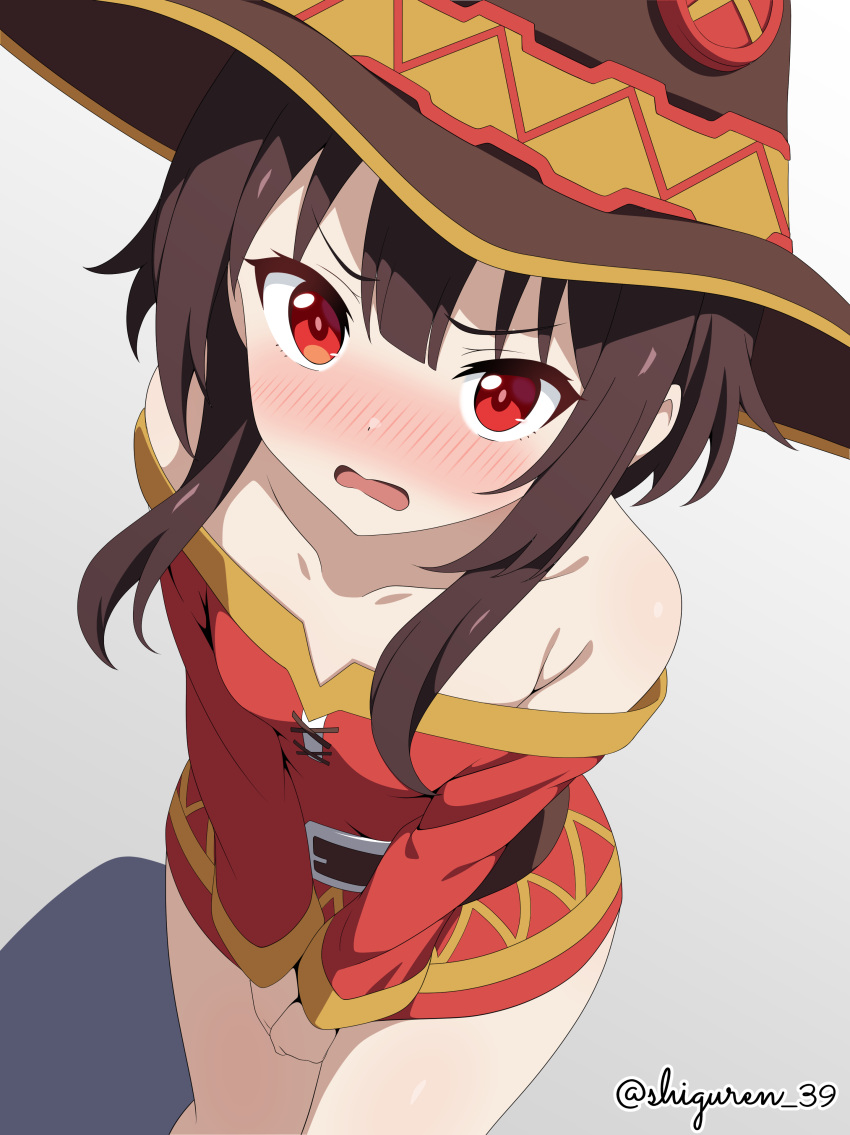 1girl absurdres belt blush brown_hair dress hat highres kono_subarashii_sekai_ni_shukufuku_wo! looking_at_viewer megumin nose_blush red_dress red_eyes shiguren_39 short_hair_with_long_locks solo v_arms witch_hat