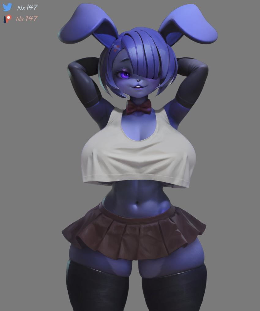 anthro big_breasts bonnie_(cally3d) bonnie_(fnaf) bottomwear bow_tie breasts clothing female five_nights_at_freddy's fredina's_nightclub hands_behind_head hi_res lagomorph legwear leporid mammal miniskirt nx147 one_eye_obstructed purple_eyes rabbit scottgames skirt solo thick_thighs thigh_highs