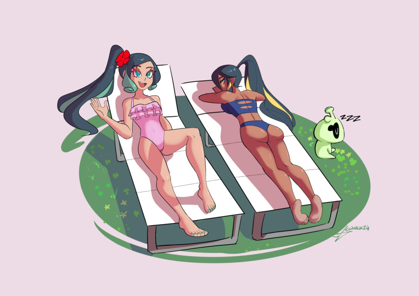 2girls ass beach_chair bikini blue_bikini blue_eyes breasts character_request clinickcase commentary dark-skinned_female dark_skin fate/grand_order fate_(series) flat_chest flower frilled_one-piece_swimsuit frills grass green_hair hair_flower hair_ornament high_ponytail highres medium_breasts multiple_girls one-piece_swimsuit open_mouth pink_one-piece_swimsuit ponytail siblings signature sisters smile swimsuit trung_nhi_(fate) trung_trac_(fate) yellow_eyes zzz