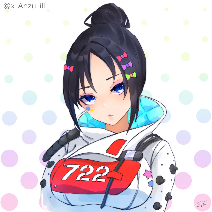 1girl absurdres animification anzu_(x_anzu_ill) apex_legends black_hair blue_eyes bow breasts expressionless eyeshadow hair_bow hair_bun highres jacket looking_at_viewer makeup medium_breasts parted_bangs pink_eyeshadow portrait quarantine_722_wraith signature single_hair_bun solo sticker_on_face twitter_username white_jacket wraith_(apex_legends)