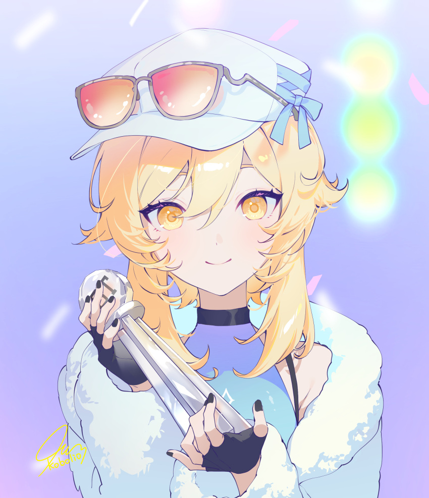 1girl absurdres black_gloves black_nails blonde_hair closed_mouth eyewear_on_head fingerless_gloves fur-trimmed_jacket fur_trim genshin_impact gloves hair_between_eyes highres holding jacket kkopoli looking_at_viewer lumine_(genshin_impact) orange-framed_eyewear smile solo yellow_eyes