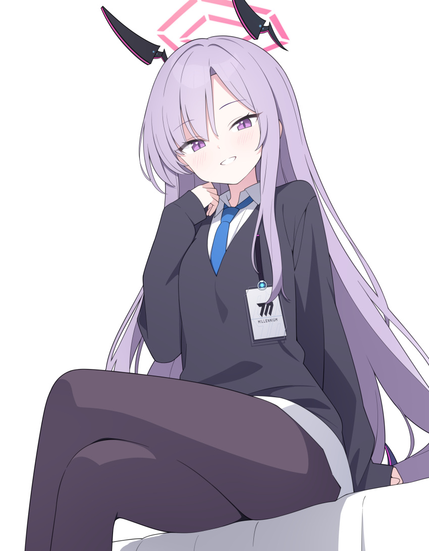 1girl absurdres black_pantyhose blue_archive blue_necktie crossed_legs halo highres jyt long_hair long_sleeves looking_at_viewer necktie pantyhose purple_eyes purple_hair red_halo shirt simple_background sitting utaha_(blue_archive) white_background white_shirt