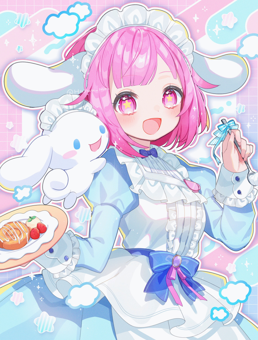 1girl absurdres apron badge blue_background blue_bow blue_bowtie blue_dress blush border bow bowtie button_badge buttoned_cuffs center_frills checkered_background cinnamoroll commentary dress food frills fruit fuinagi_(huyuu_mm) gem gradient_background highres holding holding_spoon holding_tray icing long_sleeves maid_headdress medium_hair multicolored_background ootori_emu open_mouth pastry pink_background pink_eyes pink_hair pink_ribbon project_sekai purple_gemstone ribbon sanrio sleeve_cuffs smile sparkle spoon star_(symbol) star_in_eye strawberry symbol-only_commentary symbol_in_eye tray twitter_username white_apron white_border white_headdress