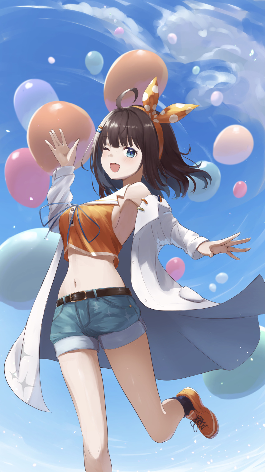 1girl :d \||/ absurdres ahoge armpits balloon bare_shoulders belt belt_buckle black_socks blue_eyes blue_ribbon blue_shorts blue_sky blush breasts brown_belt brown_hair buckle cloud commentary_request cropped_shirt cross-laced_footwear day denim denim_shorts dot_nose foot_out_of_frame from_below hair_ornament hairband hairclip hand_up highres jacket large_breasts leg_up long_sleeves looking_at_viewer looking_down medium_hair navel off_shoulder one_eye_closed open_clothes open_jacket open_mouth orange_footwear orange_hairband orange_ribbon orange_shirt outdoors outstretched_hand polka_dot polka_dot_ribbon ribbon shirt shoes short_shorts shorts sideboob sidelocks sky smile sneakers socks solo spread_fingers standing standing_on_one_leg star_(symbol) stomach tansui_san_(tcjp4784) thick_eyelashes thighs uni_create virtual_youtuber white_jacket zutsuki_tsukuru