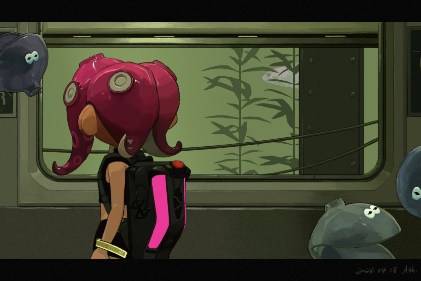 1girl 2024 agent_8_(splatoon) arms_at_sides ash011023 backpack bag black_shirt black_skirt commentary_request crop_top dated facing_away fish highres ink_tank_(splatoon) letterboxed long_hair looking_outside midriff_peek miniskirt octoling octoling_girl octoling_player_character pink_hair shirt signature skirt sleeveless sleeveless_shirt splatoon_(series) splatoon_2 splatoon_2:_octo_expansion suction_cups tentacle_hair train_interior wristband