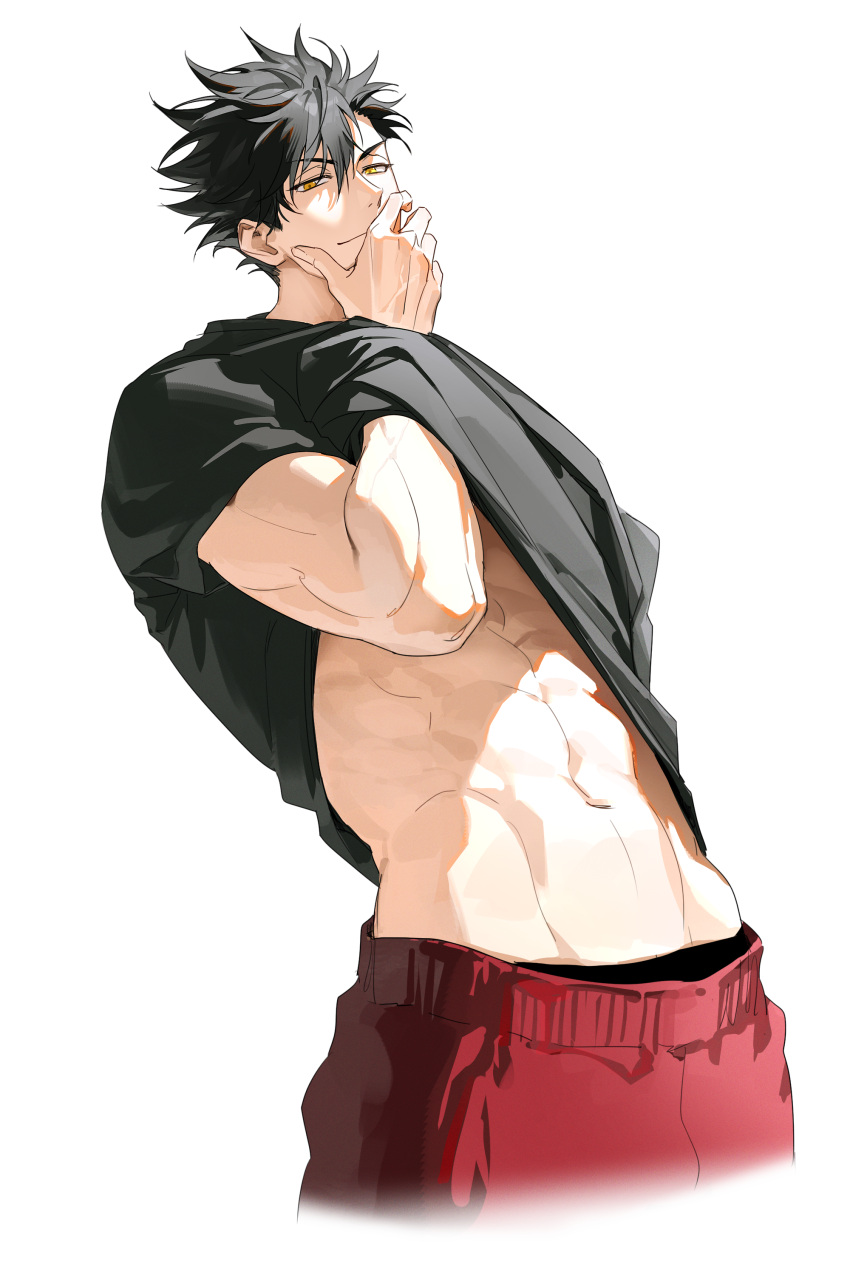 1boy absurdres black_hair black_male_underwear black_shirt covering_own_mouth guilty_challenge_(meme) haikyuu!! hand_over_own_mouth highres kuroo_tetsurou male_focus male_underwear meme msal_peace muscular muscular_male navel red_shorts shirt short_hair shorts solo spiked_hair stomach t-shirt underwear yellow_eyes