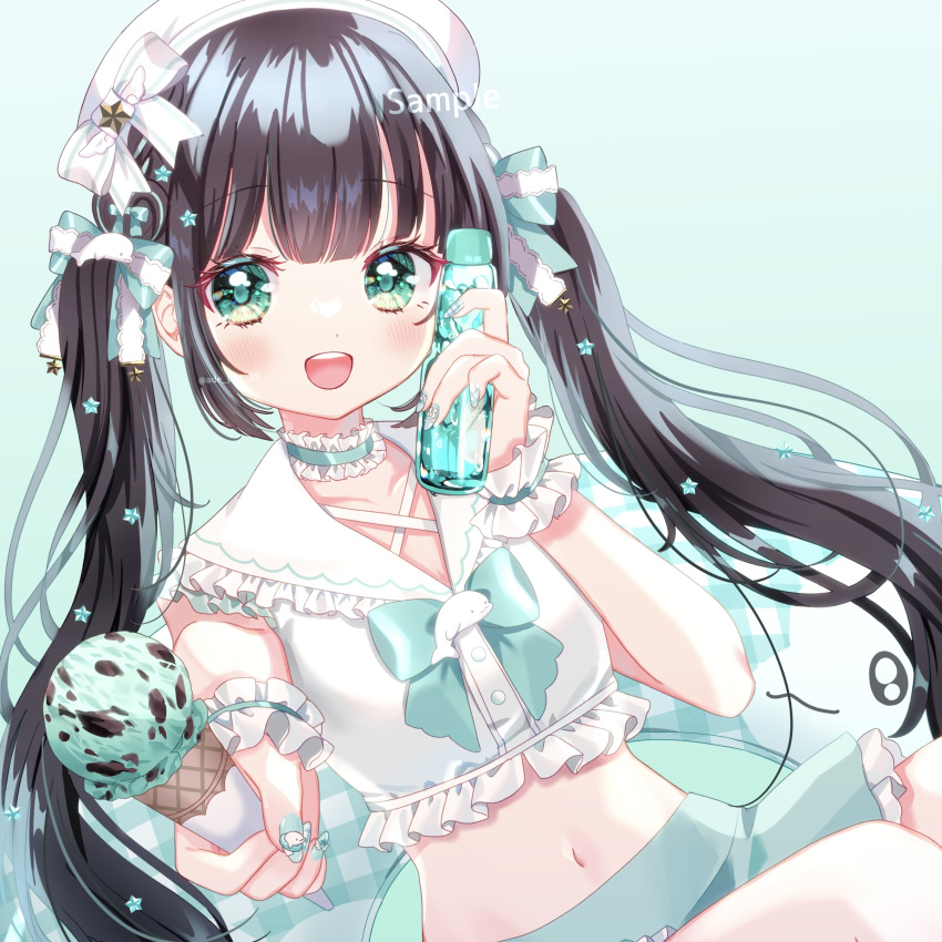 1girl absurdres album_cover artist_name azarashi6 black_hair blue_bow blue_nails blue_skirt bottle bow commentary_request commission cover dolphin food frills glass_bottle green_background green_eyes hair_bow hair_ornament hat highres holding holding_bottle holding_food holding_ice_cream holding_ice_cream_cone ice_cream ice_cream_cone incoming_food indie_virtual_youtuber iruka_emily long_hair mint_chocolate nail_polish navel open_mouth sailor_hat sample_watermark simple_background sitting skirt sleeveless solo star_(symbol) star_hair_ornament swimsuit tank_top teeth twintails upper_teeth_only utaite virtual_youtuber watermark white_bow