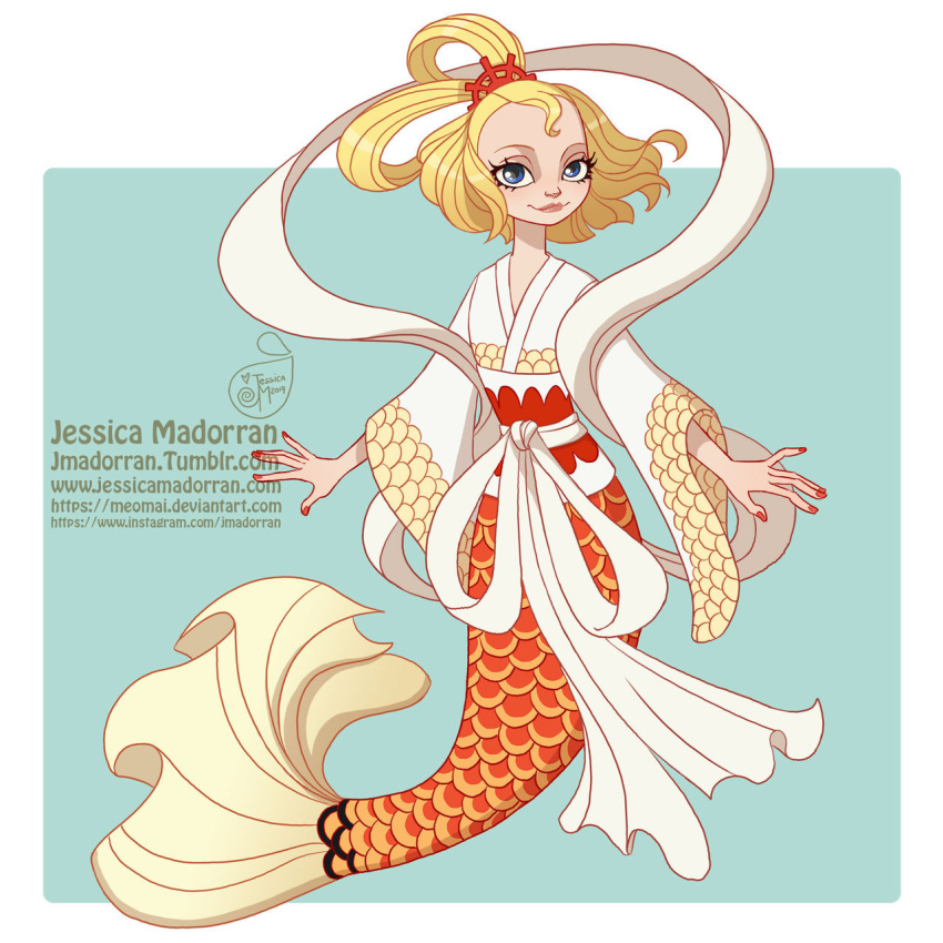 1girl blonde_hair blue_background blue_eyes colored_eyelashes deviantart_username english_commentary fish_girl full_body hagoromo highres instagram_username japanese_clothes jessica_madorran kimono mermaid monster_girl obi one_piece otohime_(one_piece) red_nails sash shawl smile tumblr_username white_kimono white_sash wide_sleeves