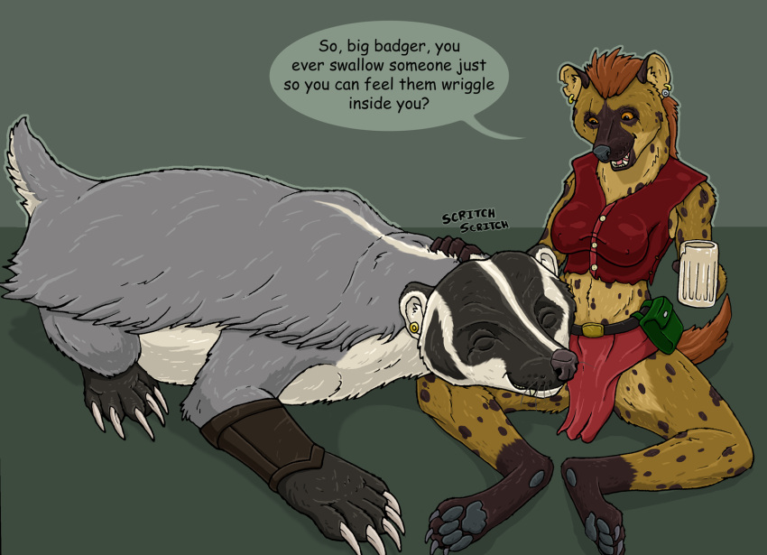 2021 anthro armor badger bartleby_(strega) biped bottomwear breasts brown_body brown_fur claws clothing dialogue duo english_text eyes_closed female feral fur grey_body grey_fur hi_res hyena loincloth male male/female mammal markings mug mustelid musteline nipple_outline onomatopoeia pawpads paws petting quadruped short_tail snout sound_effects speech_bubble spots spotted_body spotted_fur strega tail text vambrace whiskers