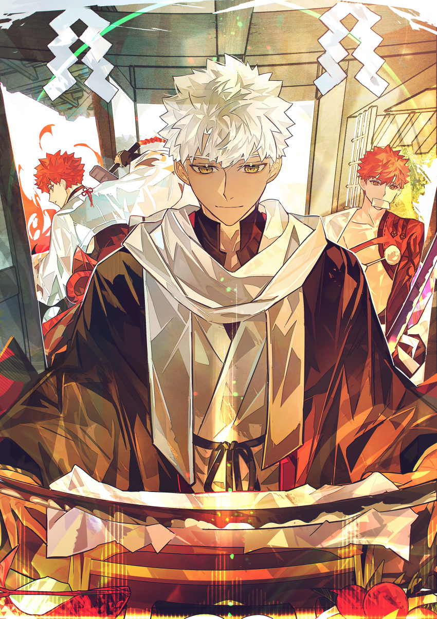 3girls absurdres black_haori black_kimono cape dark-skinned_male dark_skin eeju emiya_shirou fate/grand_order fate_(series) highres holding holding_sword holding_weapon igote japanese_clothes katana kimono male_focus multiple_boys multiple_girls nagatekkou official_alternate_hair_color orange_hair red_hair scarf senji_muramasa_(fate) senji_muramasa_(second_ascension)_(fate) senji_muramasa_(third_ascension)_(fate) short_hair smile sword toned toned_male topless_male upper_body weapon white_cape white_hair wide_sleeves yellow_eyes