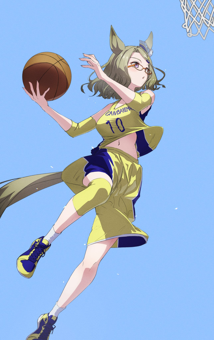 1girl air_messiah_(umamusume) animal_ears ball bare_shoulders basketball_(object) basketball_hoop basketball_jersey blue_background breasts brown_hair clothes_lift clothes_writing detached_sleeves ear_ornament glasses hair_ornament hairclip highres holding holding_ball horse_ears horse_girl horse_tail jumping navel open_mouth pink_eyes shirt shirt_lift shoes short_hair shorts simple_background small_breasts sneakers socks solo sweat tail umamusume white_socks yakupan yellow_footwear yellow_shirt yellow_shorts