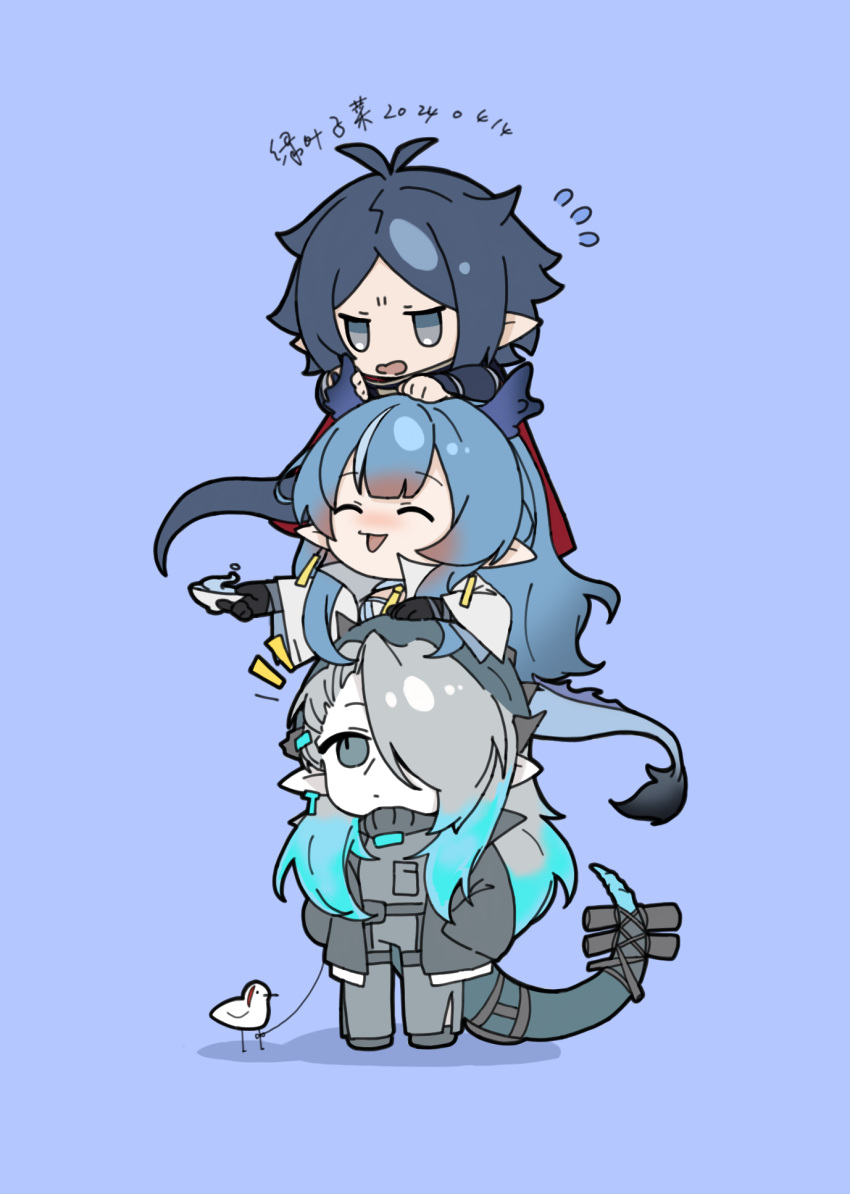 2boys 2girls aqua_eyes aqua_hair arknights elysium_(arknights) grey_hair hair_over_one_eye highres ling_(arknights) long_hair mantra_(arknights) multiple_boys multiple_girls old old_woman pointy_ears solo z0591 zuo_le_(arknights)