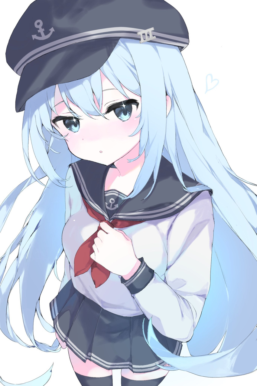 125_riakoi2 1girl anchor_symbol black_hat black_sailor_collar black_skirt black_thighhighs blue_eyes blue_hair blush breasts flat_cap hair_between_eyes hat heart hibiki_(kancolle) highres kantai_collection light_blue_hair long_hair long_sleeves looking_at_viewer neckerchief parted_lips pleated_skirt red_neckerchief sailor_collar school_uniform serafuku simple_background skirt solo thighhighs very_long_hair white_background