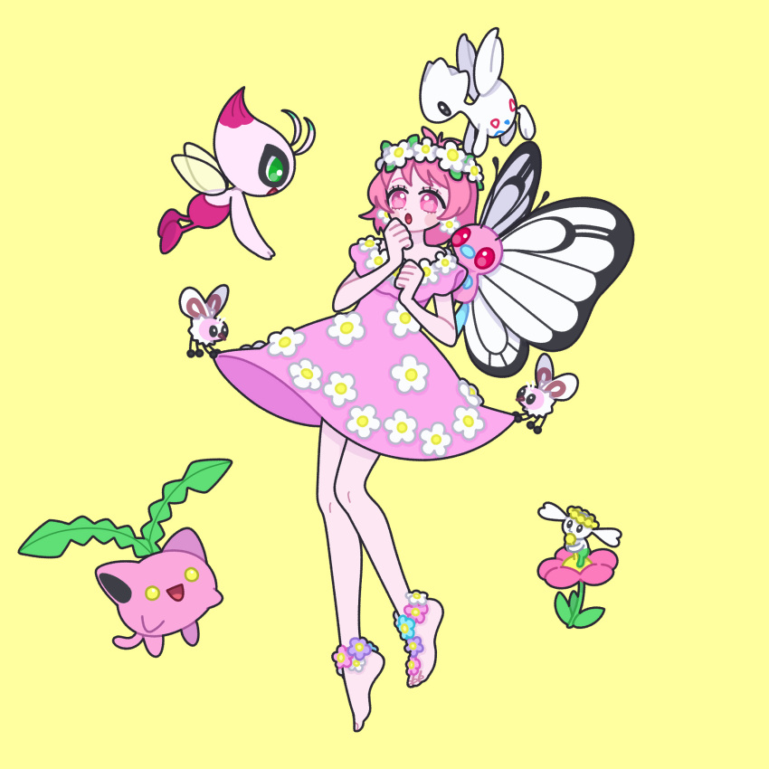 1boy :d :o barefoot blue_flower butterfree celebi crossdressing crossover cutiefly dress flabebe floral_print flower flower_wreath full_body hands_up head_wreath highres hoppip king_of_prism male_focus nyaasechan open_mouth otoko_no_ko pink_dress pink_eyes pink_hair pokemon pretty_rhythm pretty_series saionji_leo short_hair simple_background smile solo standing togetic white_flower yellow_background