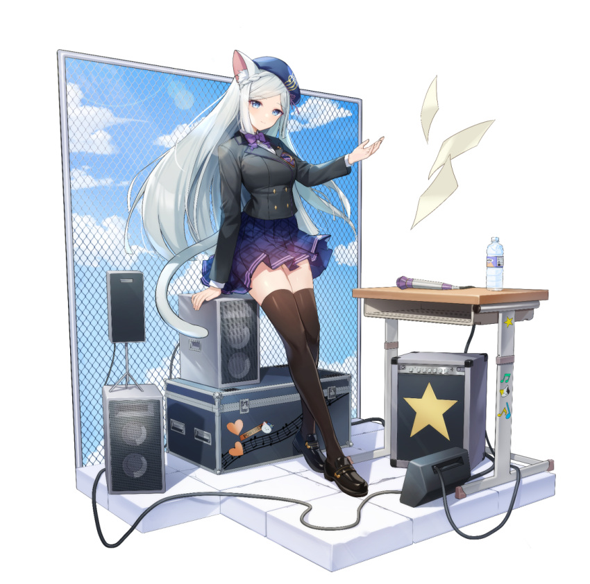 1girl animal_ears beret black_footwear black_jacket black_thighhighs blue_eyes blue_skirt bottle bow bowtie breasts cat_ears cat_girl cat_tail desk eversoul full_body game_cg hat heart jacket long_hair looking_at_viewer medium_breasts microphone musical_note official_alternate_costume official_art purple_bow purple_bowtie school_desk school_uniform seeha_(eversoul) shirt skirt sky solo speaker standing star_(symbol) tachi-e tail thighhighs transparent_background water_bottle white_hair white_shirt wing_collar zettai_ryouiki