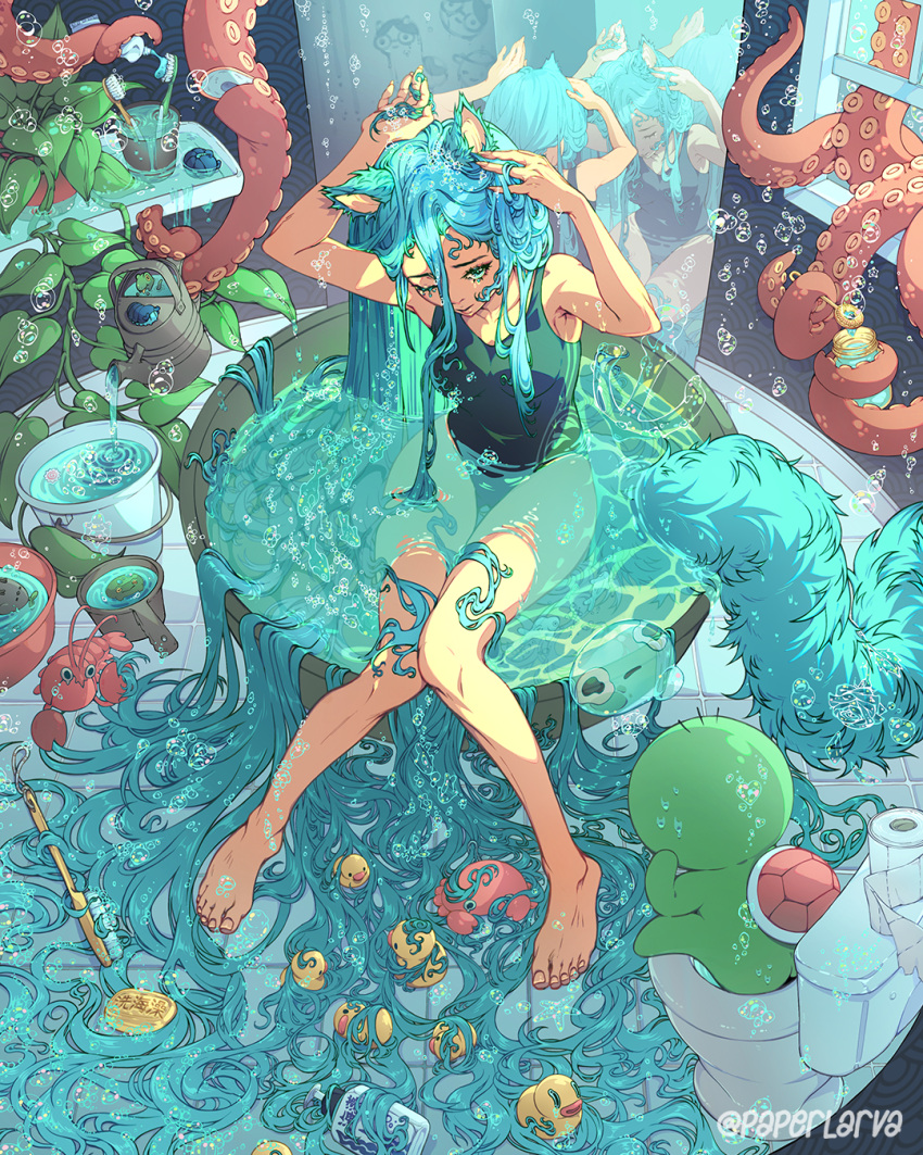 1girl absurdly_long_hair animal_ears arms_up artist_name bare_legs barefoot bath bathroom black_one-piece_swimsuit blue_eyes blue_hair breasts bubble bucket cat_ears cat_girl cat_tail commentary_request crab english_commentary feet fish full_body heart highres in_bowl in_container lobster long_hair medium_breasts mirror octopus one-piece_swimsuit one_eye_closed original paperlarva pillbug plant potted_plant procreate_(medium) rubber_duck sitting soap_bubbles solo surreal swimsuit tail tentacles tile_floor tiles toilet toilet_paper toilet_use toothbrush toothpaste turtle very_long_hair washing_hair water watering_can window