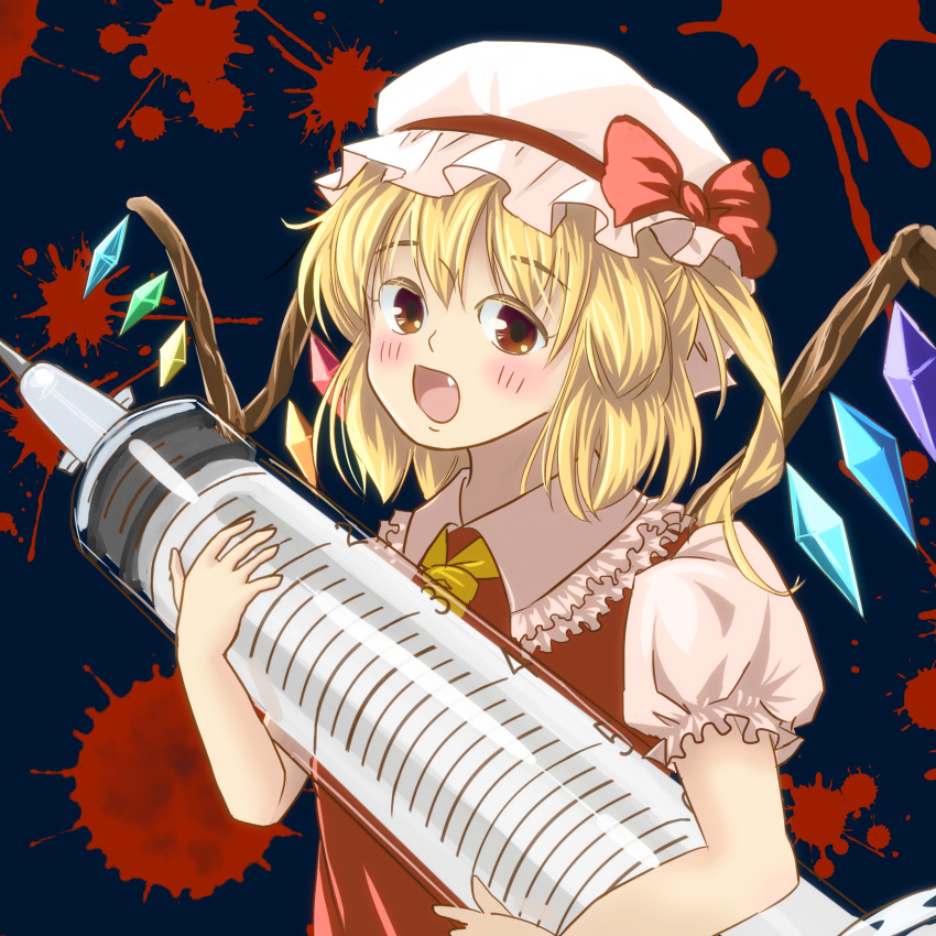 1girl ascot blonde_hair blood blood_splatter blush bow brown_eyes collared_shirt crystal fang flandre_scarlet frilled_shirt_collar frills hat hat_bow hat_ribbon highres holding holding_syringe looking_at_viewer medium_hair mob_cap multicolored_wings one_side_up open_mouth oversized_object puffy_short_sleeves puffy_sleeves red_bow red_ribbon red_vest ribbon sasurai_no_kuchibuefuki shirt short_sleeves solo syringe touhou upper_body vest white_hat white_shirt wings yellow_ascot