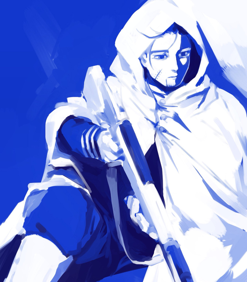 1boy aokamei beard blue_background blue_theme cloak facial_hair golden_kamuy gun highres holding holding_weapon hood hooded_cloak looking_to_the_side male_focus military_uniform ogata_hyakunosuke rifle solo uniform weapon