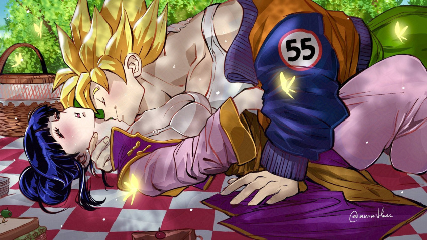 1boy 1girl amartbee bra breasts bug butterfly chi-chi_(dragon_ball) chinese_clothes cleavage dragon_ball dragon_ball_z glowing_butterfly hetero highres husband_and_wife jacket kiss kissing_neck picnic_basket picnic_blanket smile son_goku super_saiyan super_saiyan_1 tank_top underwear