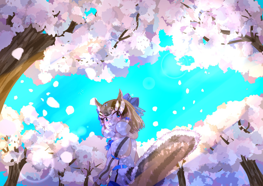 1girl absurdres animal_ears blue_eyes blue_sky brown_hair cherry_blossoms chipmunk_ears chipmunk_girl chipmunk_tail extra_ears gloves highres kemono_friends kemono_friends_v_project looking_at_viewer microphone outdoors ribbon shirt short_hair shorts siberian_chipmunk_(kemono_friends) sky solo tail tutti_tutio vest virtual_youtuber